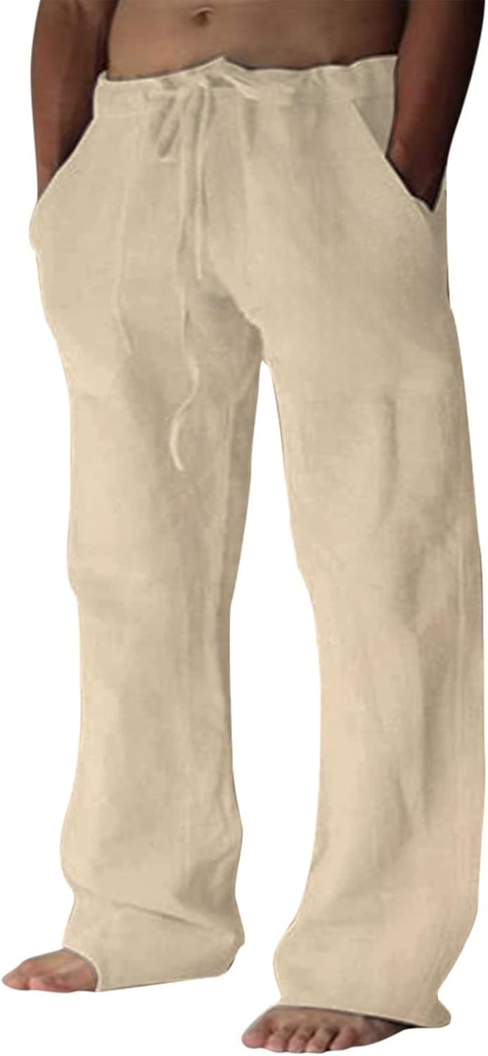 Cotton Linen Pants Men Casual Loose Fit Elastic Drawstring Waist Summer Beach Pants