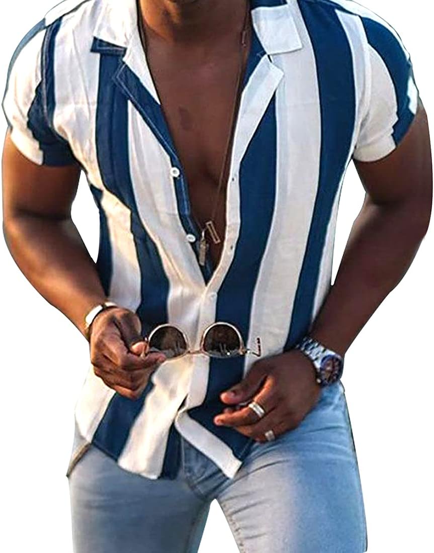 Men Hawaiian Shirt Beach Short Sleeved Floral Pattern Button Top - Image 2