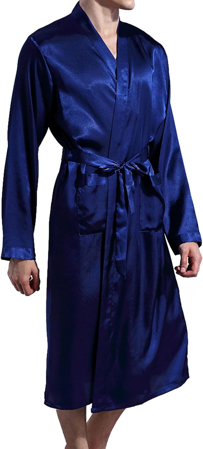 Men Satin Kimono Robe Silk Classic Long Bathrobe Pockets Lightweight Loungewear - Image 2