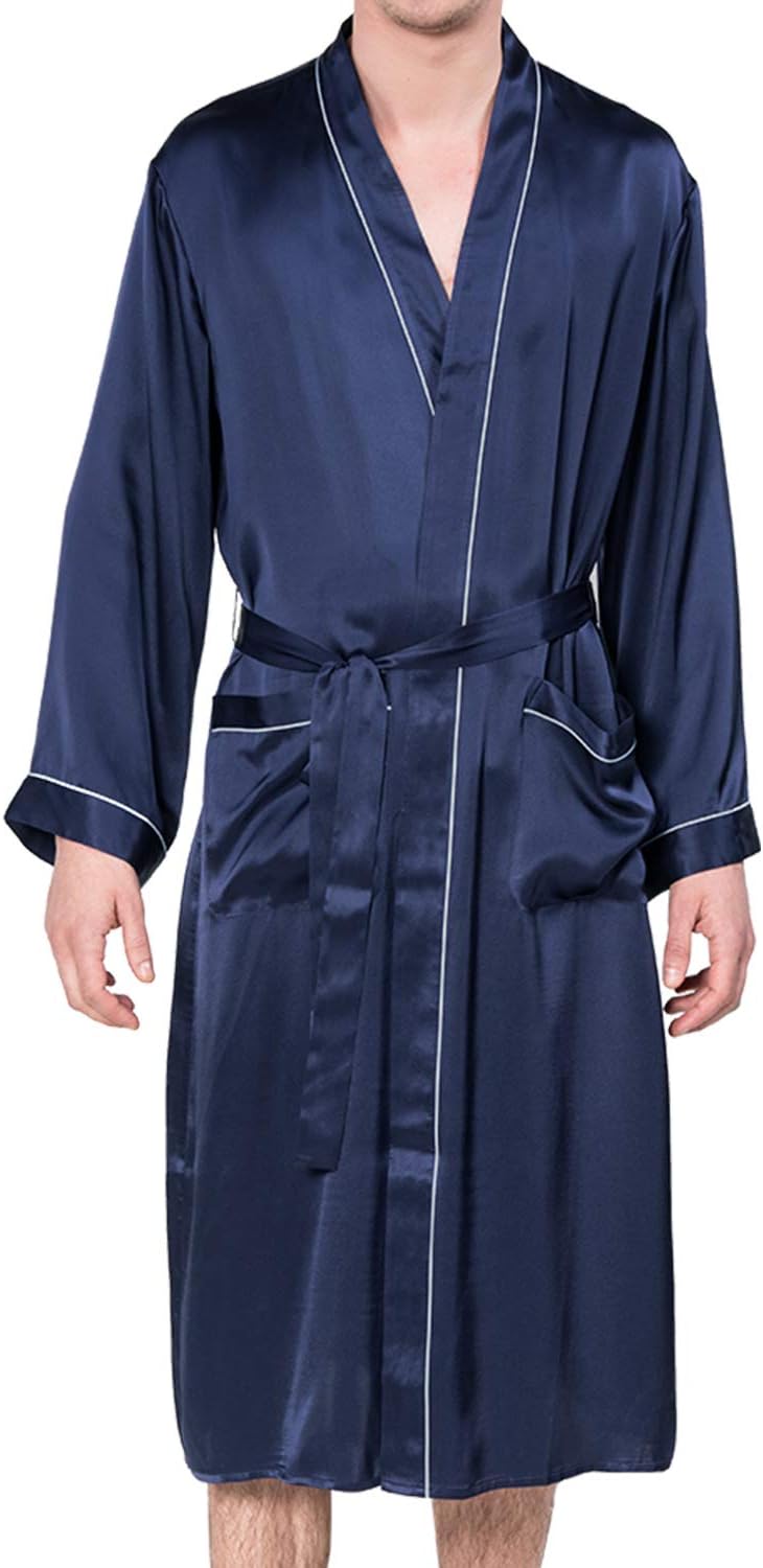 Men Real Silk Robe Luxury Lightweight Bathrobe for Men Long Sleeve Mulberry Silk Sleepwear
