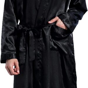 Men Satin Kimono Robe Silk Classic Long Bathrobe Pockets Lightweight Loungewear