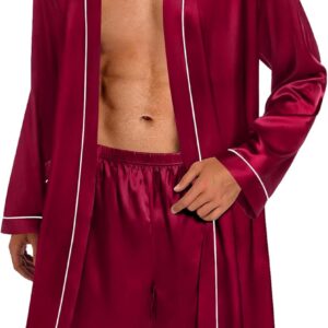 Men Satin Robe with Shorts Set 2 PCS Kimono Bathrobe Long Sleeve Sleepwear Pjs Sets with Pockets