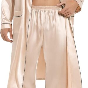 Men Satin Robe Silky Kimono Bathrobe Set Lightweight Soft Loungewear Nightwear