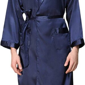 Men Summer Luxurious Kimono Robe Soft Satin Bathrobe Long-Sleeve Nightgown Printed Pajamas