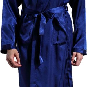 Men Satin Kimono Robe Silk Classic Long Bathrobe Pockets Lightweight Loungewear