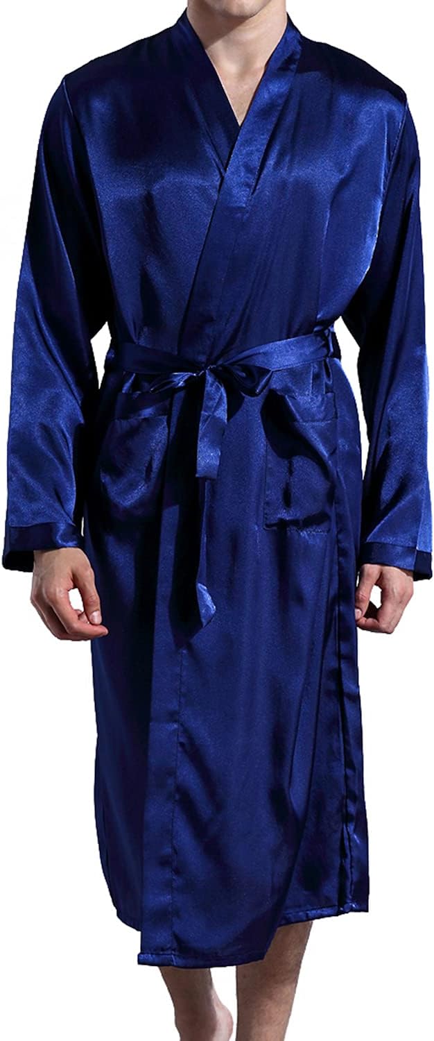 Men Satin Kimono Robe Silk Classic Long Bathrobe Pockets Lightweight Loungewear