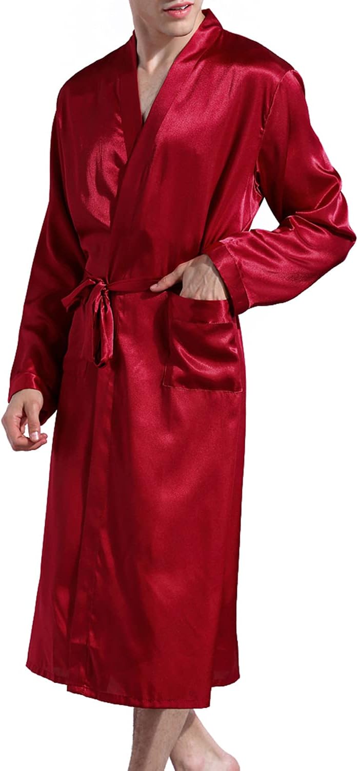 Men Satin Kimono Robe Silk Classic Long Bathrobe Pockets Lightweight Loungewear - Image 2