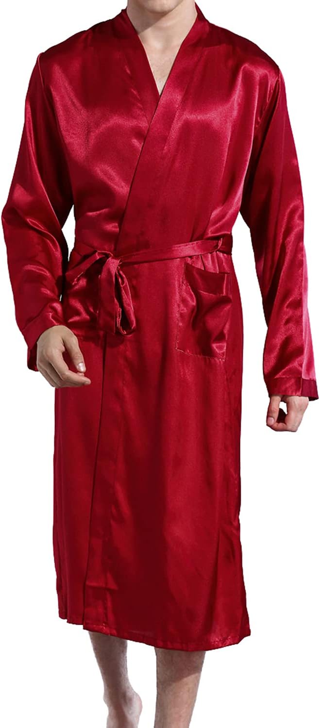 Men Satin Kimono Robe Silk Classic Long Bathrobe Pockets Lightweight Loungewear