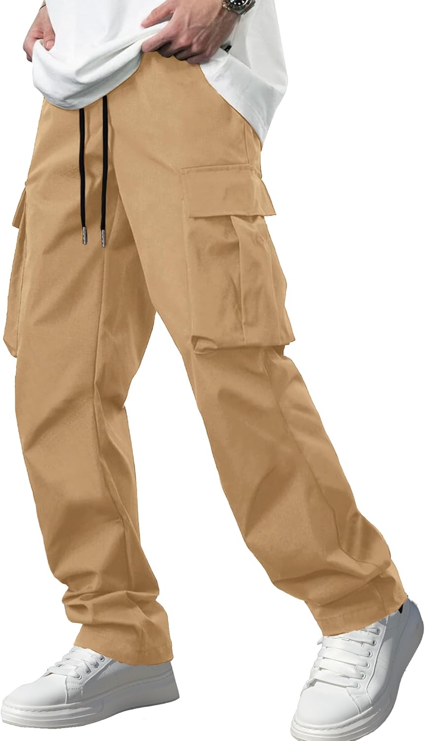 Men's Casual Cargo Pants Workout Joggers Stretch Sweatpants Hiking Drawstring Tactical Pants with Multi Pockets