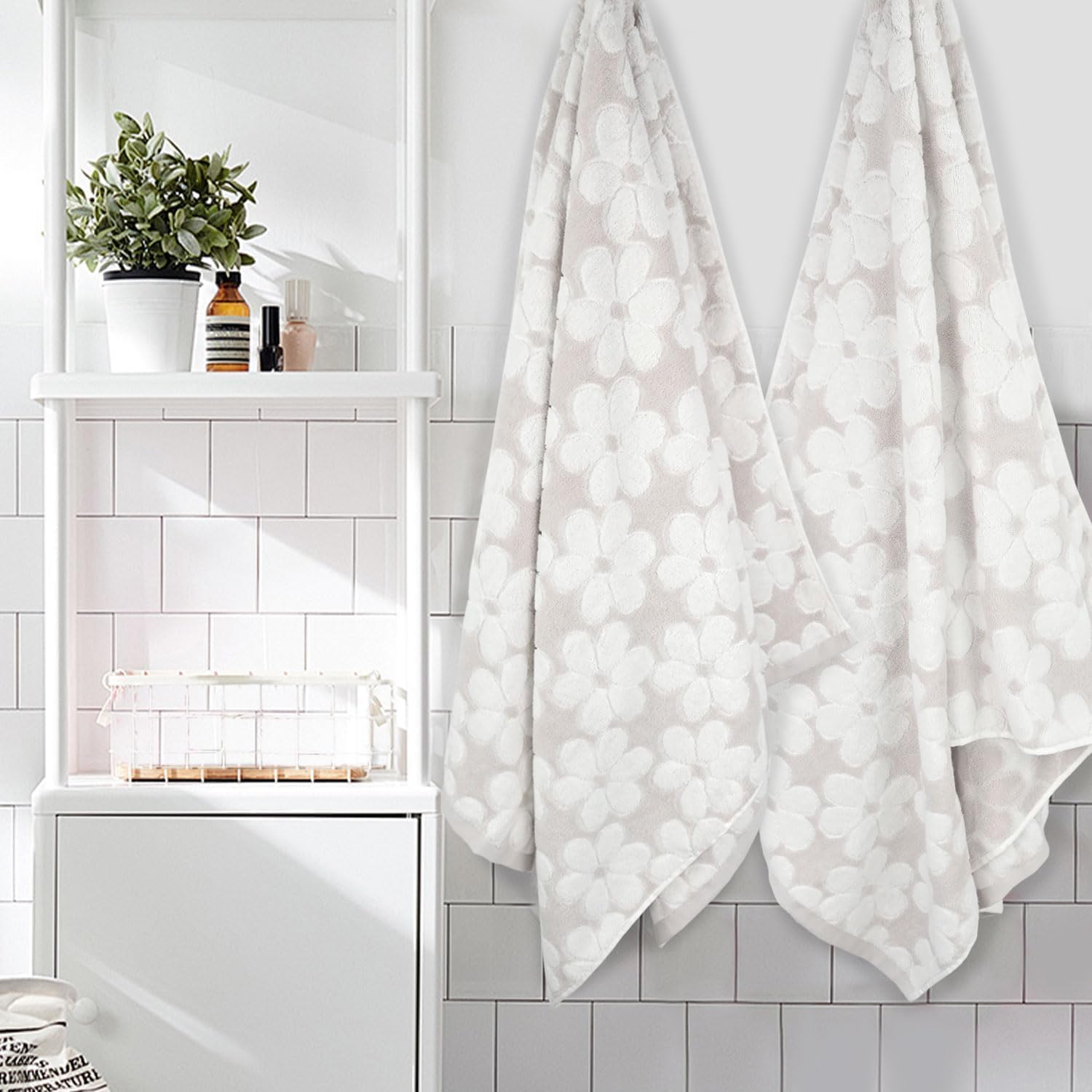 Soft Bath Towels 2 Pack, Super Absorbent Shower Towels 27.5x55 Inches, Cute Floral Jacquard Bathroom Set, Cotton, Light Beige - Image 2
