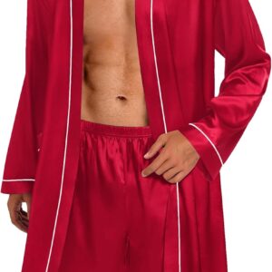 Men Satin Robe with Shorts Set 2 PCS Kimono Bathrobe Long Sleeve Sleepwear Pjs Sets with Pockets
