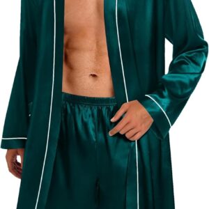 Men Satin Robe with Shorts Set 2 PCS Kimono Bathrobe Long Sleeve Sleepwear Pjs Sets with Pockets