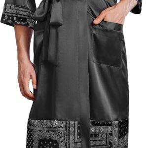 Men Satin Robe Lightweight Silky Kimono Bathrobe 3/4 Sleeve Spa Knee Length Loungewear with Pockets S-3XL