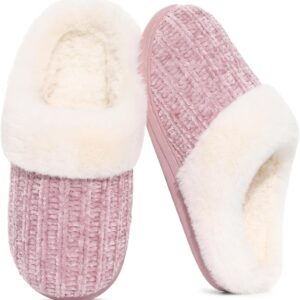 Warm Knit House Slippers for unisex Comfy Wool-Like Lined Chenille Slippers with Memory Foam and Indoor Outdoor Soles