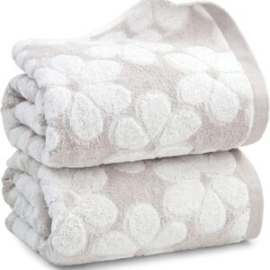 Soft Bath Towels 2 Pack, Super Absorbent Shower Towels 27.5x55 Inches, Cute Floral Jacquard Bathroom Set, Cotton, Light Beige