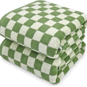 Bath Towels Set of 2 - Luxury Cotton Bathroom Shower Towels Body 55” x 27.5” Absorbent, Quick Dry, 520, Green Checkered Home Decor