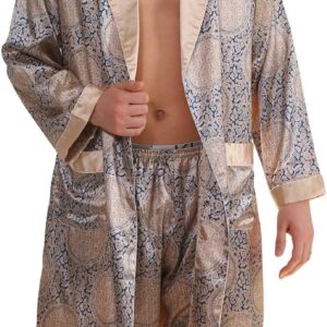 Men Summer Luxurious Kimono Robe Soft Satin Bathrobe Long-Sleeve Nightgown Printed Pajamas