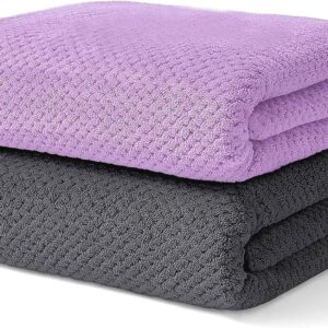 2 Pack Bath Towel Set, Waffle Bath Towel Set, Super Soft Highly Absorbent, Sturdy Quick Drying Towels for Bathroom, Gym, SPA, Yoga (2 Piece 27" x 55", 1Grey+1Purple)
