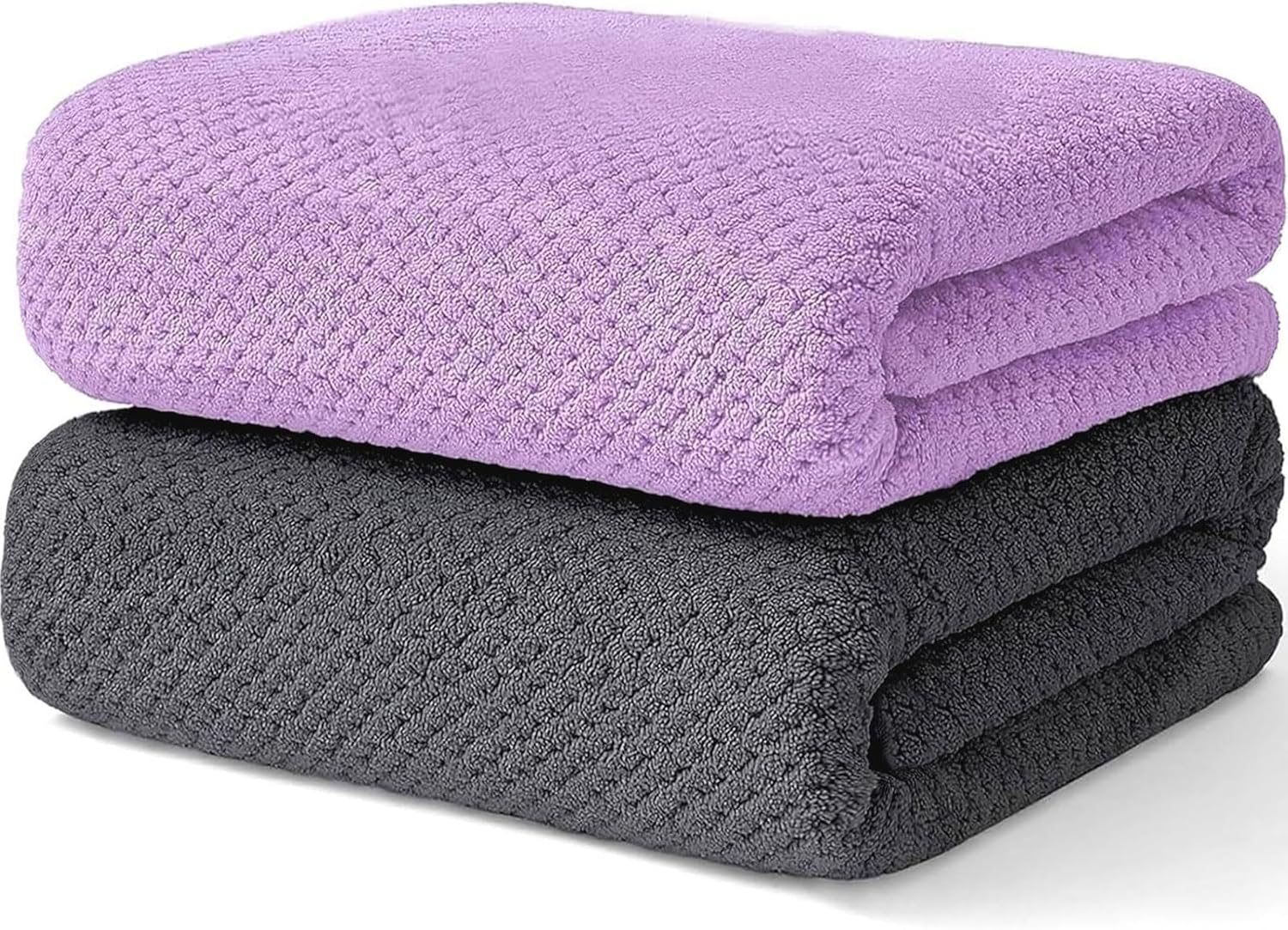 2 Pack Bath Towel Set, Waffle Bath Towel Set, Super Soft Highly Absorbent, Sturdy Quick Drying Towels for Bathroom, Gym, SPA, Yoga (2 Piece 27" x 55", 1Grey+1Purple)