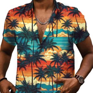 Men Hawaiian Shirt Beach Short Sleeved Floral Pattern Button Top
