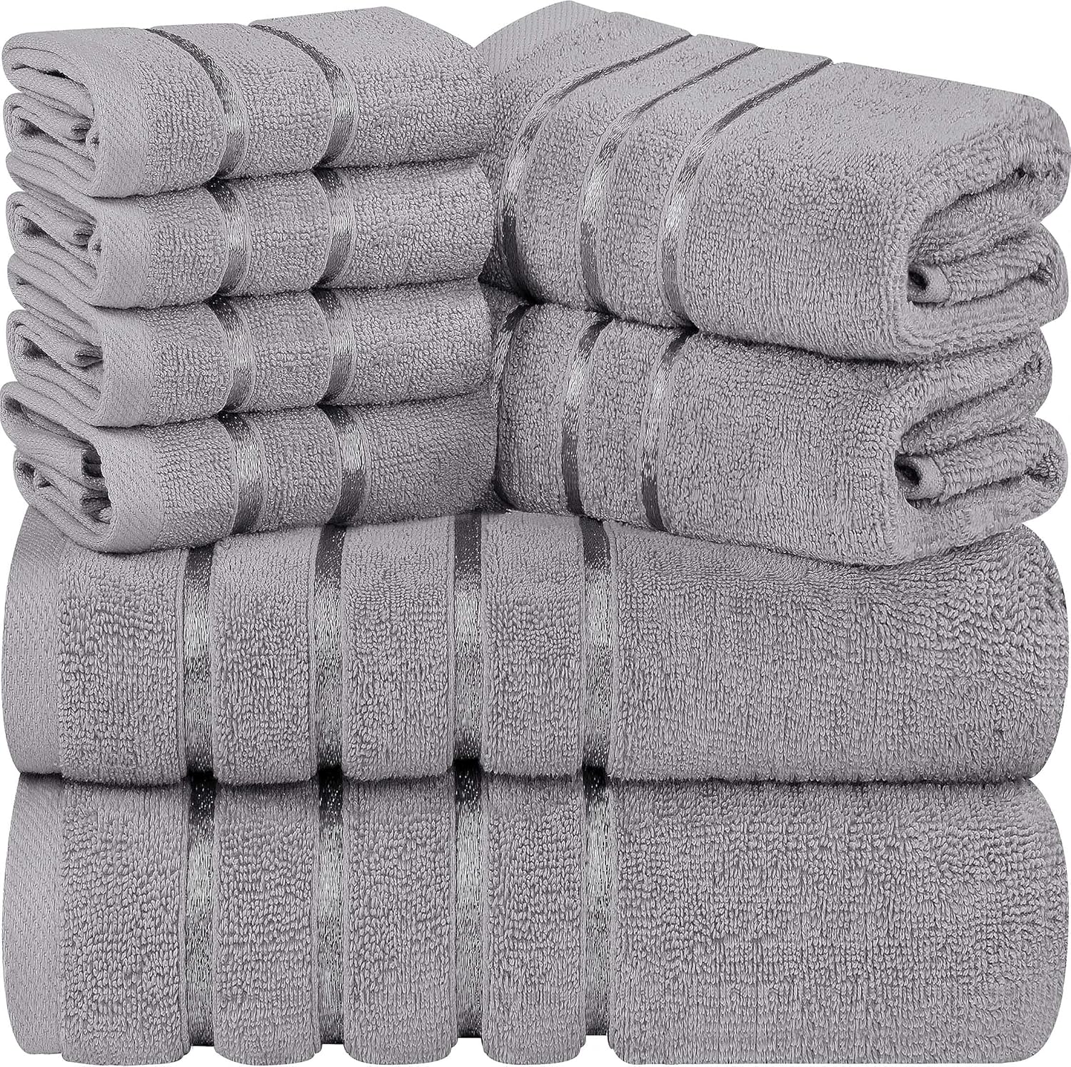 8 Piece Luxury Towel Set, 2 Bath, 2 Hand, and 4 Wash Cloths, 600 Ring Spun Cotton, Highly Absorbent Viscose Stripe Towels, Ideal for Everyday use, Cool Grey